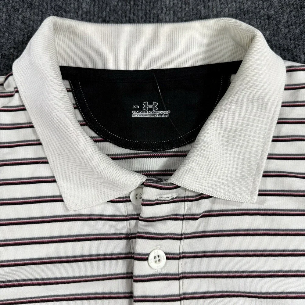 Under Armour Mens Golf Polo Size Medium White Maroon Gray Striped Performance